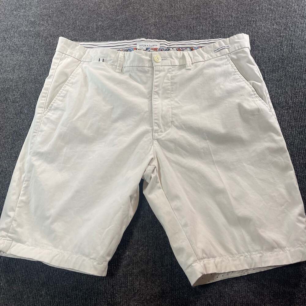 Denim & Flower Ricky Singh Mens White Flat Front Chino Shorts Size 36